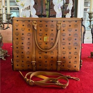 💯 Guaranteed Authentic MCM Cognac Visetos Laptop Bag with strap🥀🥀PRICE IS FIRM🥀🥀